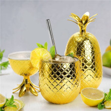6 Pack Pineapples Drink Cups, 450Ml Gold Pineapples Tumbler with Stretched Straw, Hawaiian Luau Party Cups