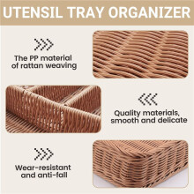 Kitchen Drawer Organizer Cutlery Storage Basket 4 Compartments Kitchen Forks Knifes Rattan Storage Tray