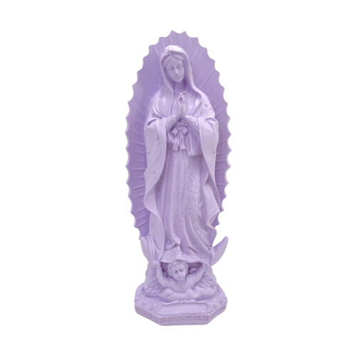 Schöne Guadalupe-Mutterstatue, Kunstskulptur aus Kunstharz-Lila