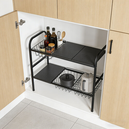 Functional Kitchen Shelf 3 Tray 3 Basket Extendable Shelf-Black 2