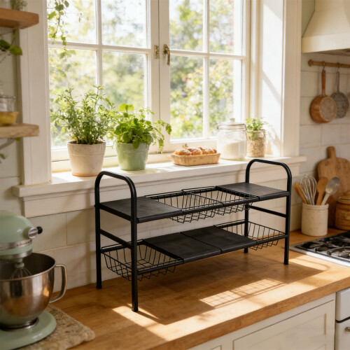 Flexible Kitchen Storage Rack 2 Level 4 Shelves 4 Baskets-Gray 2