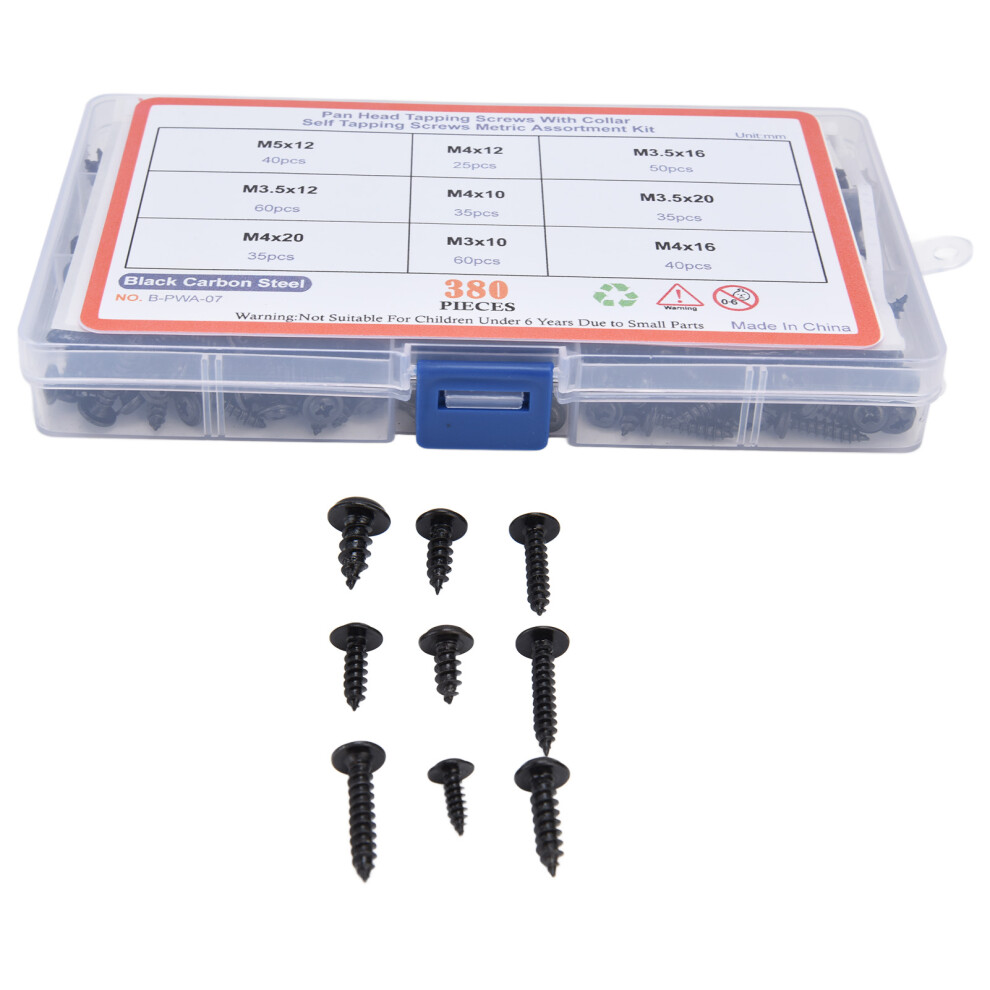 380Pcs Self Tapping Screws Kit, Black Carbon Steel, Assorted Sizes 4691390606666