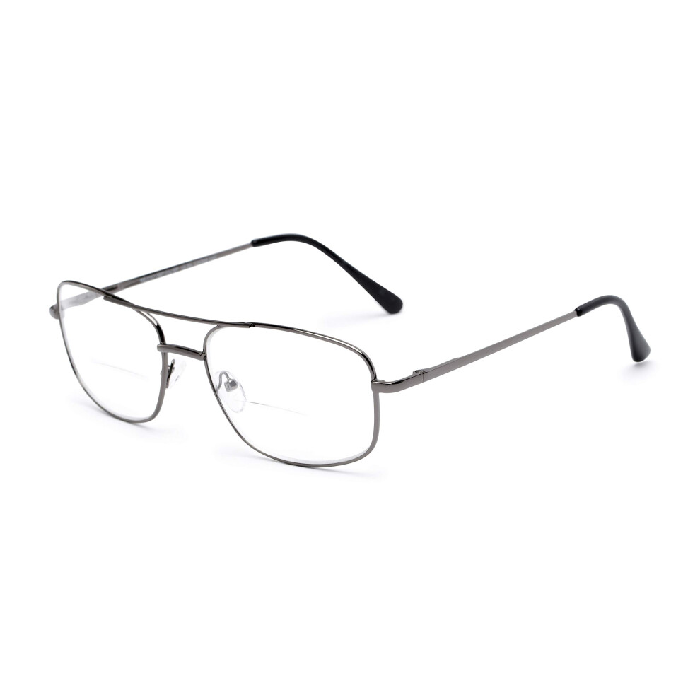 Grey Men's Aviator Bifocal Reading Glasses +2.00 Magnification Classic Dualzone Lens