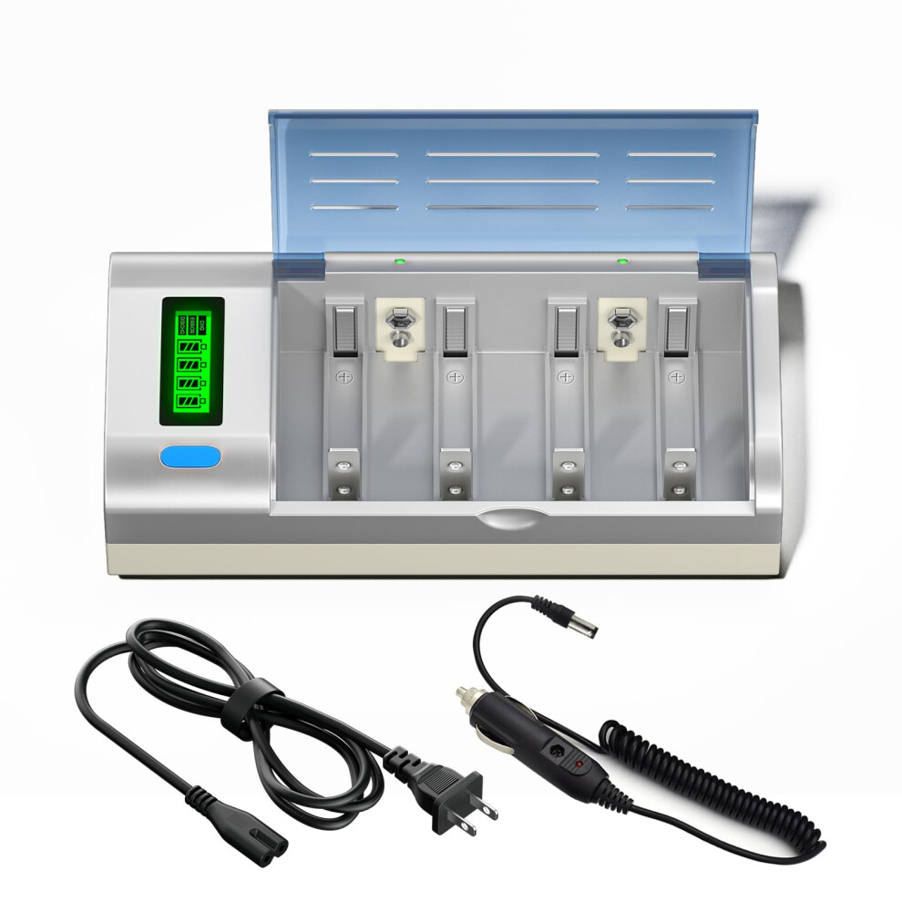 Universal Battery Charger For Aa Aaa C D 9V Nimh Nicd Liion With Fast Charging, Lcd Display And Car Adapter 9330225998624