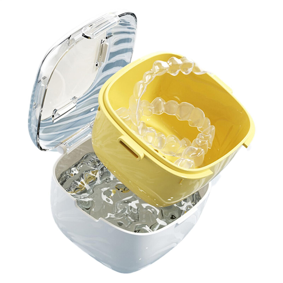 Yellow Denture Cleaning Cup With Lid, Leak Proof Retainer Soaking Case For Travel And Home Use