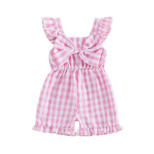 (6-12 Months, Pink) Little Toddler Girl Plaid Jumpsuit with Bow Flying Sleeve Gingham Shorts Romper Cute Baby Summer Romper