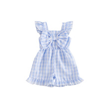 (4-5 Years, Blue) Little Toddler Girl Plaid Jumpsuit with Bow Flying Sleeve Gingham Shorts Romper Cute Baby Summer Romper