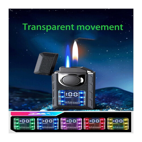 Windproof Dual Flame Butane Lighter with Voice Control Ignition, Fuel Window, Adjustable Flame, Green 1