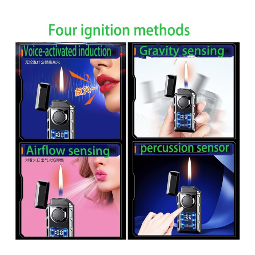Windproof Dual Flame Butane Lighter with Voice Control Ignition, Fuel Window, Adjustable Flame, Green 2