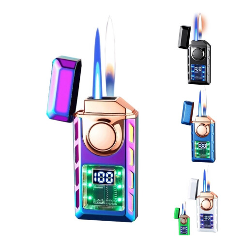 Windproof Dual Flame Butane Lighter with Voice Control Ignition, Fuel Window, Adjustable Flame, Green