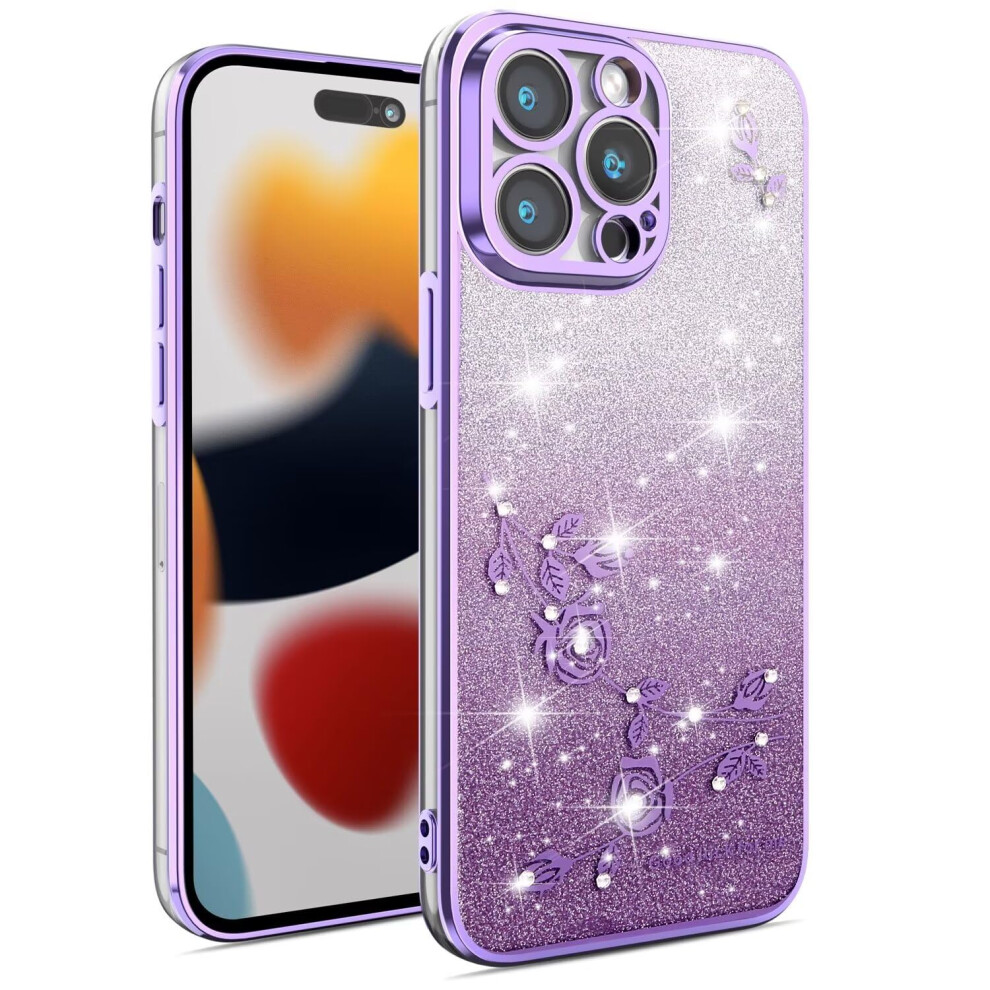 Phone Case For Oneplus Nord Ce2 Glitter Floral Shockproof Clear Cover With Bling Diamond Frame Purple 9073542711810
