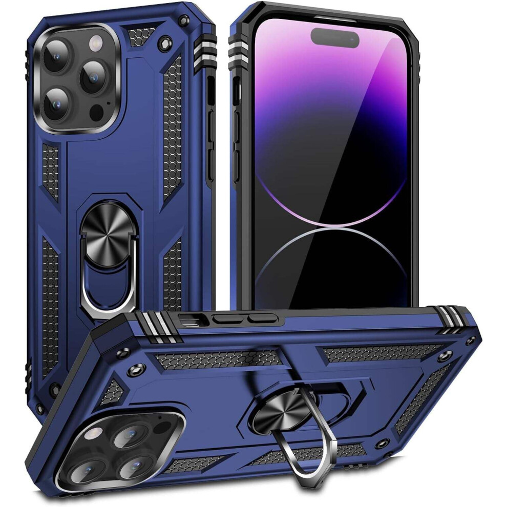 Ring Holder Case With Kickstand, Duallayer Shockproof Protective Cover For Iphone 14 Pro, Navy Blue 9330225999539