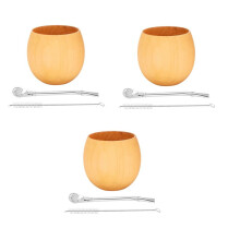 3X Juego de Té de Calabaza de Yerba de Madera Hecho A Mano, Taza de Café de Madera Natural y Agua Mate con Cuchara, Cepillo de Bombilla de Paja, 200