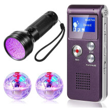 Kit D'Équipement 4 Pièces Comprenant 1 Enregistreur Vocal Numérique de Poche, 2 Balles Lumineuses à LED pour Chat, 1 Lampe de Poche UV Noire, 8 Go
