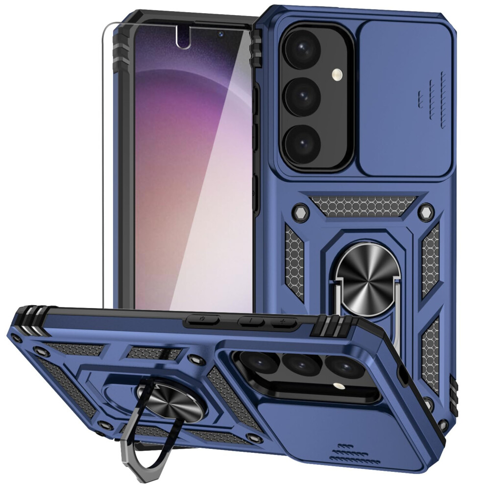 Case For Samsung Galaxy S25 With Ring Kickstand And Camera Lens Cover, Military Grade Shockproof Protective Cover Blue 9073542711971