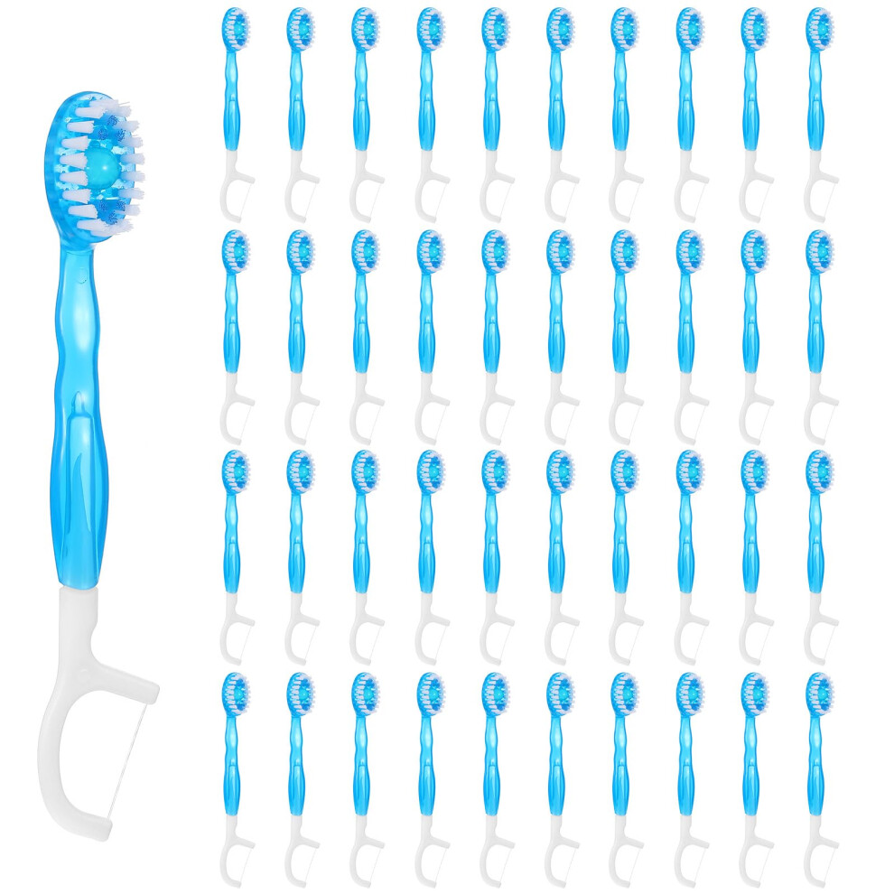 Blue 50Pcs 5 In 1 Disposable Travel Toothbrush Kit With Toothpaste Floss Pick Tongue Scraper Individually Wrapped