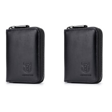 2X BULLCAPTAIN Leather Men Wallet Card Pack Zipper Card Case Holder Credit Card Bag Short Coin Purse Black