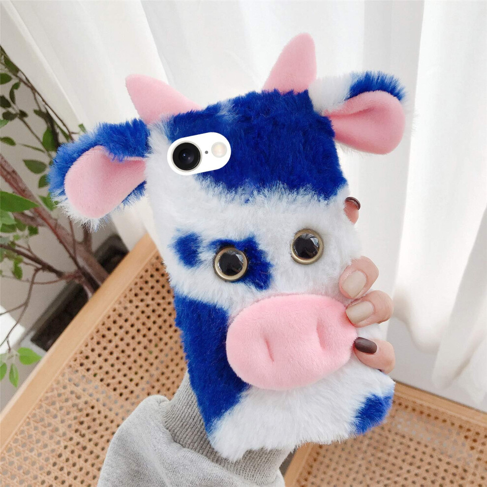 Cute Cow Plush Case For Iphone 16E, Fluffy Furry Shockproof Phone Cover With Soft Grip And Raised Edges Blue 9330225000266