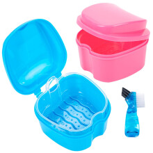 Pack of 2 Denture Storage Box with Cleaning Brush, Retainer Case for Safe Travel Blue and Pink