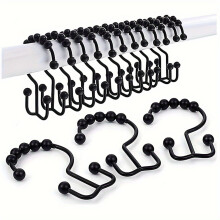 Black Rust Proof Stainless Steel Shower Curtain Hooks, Double Rings Set of 12 for Curtain and Liner