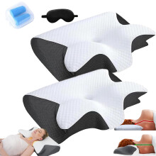 Cervical Neck Pillow 2 Pack Black, Ergonomic Memory Foam for Sleeping and Pressure Relief