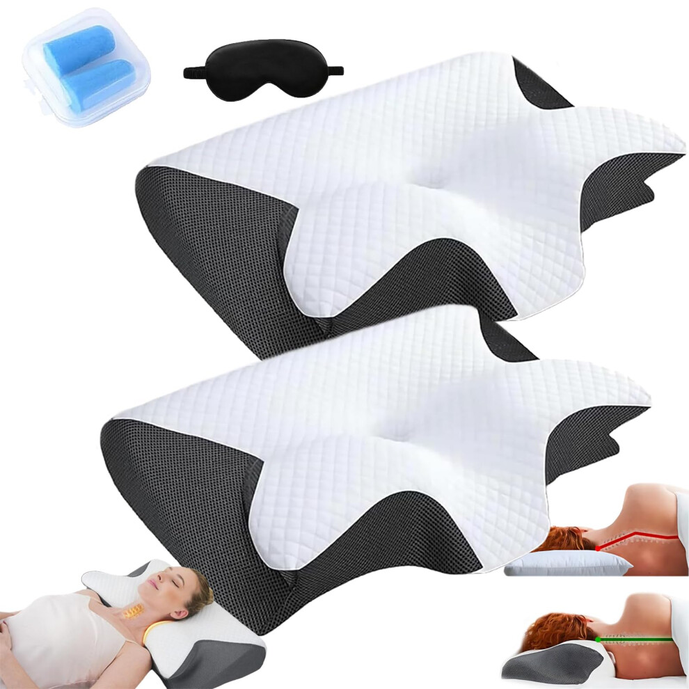 Black Cervical Neck Pillow For Neck Pain Relief, Orthopedic Memory Foam Ergonomic Butterfly Design, 2Pack