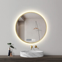 LED Bathroom Mirror Gold Frame Wall Mounted Lighted Vanity Mirror AntiFog Dimmable 3 Colors Touch Control with Clock and Temperature 80cm