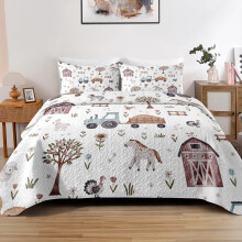 Farmhouse Quilt Set Full Queen with Tractor Design Lightweight 3Piece Bedspread and Pillow Shams
