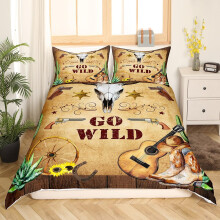 Queen Duvet Cover Set Western Bedding with Warm Rustic Tones Cowboy Bull Skull Design Brown Yellow