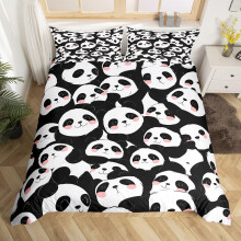 Panda Duvet Cover Queen Size Bedding Set, Reversible Black White Cartoon Design with Zipper Closure