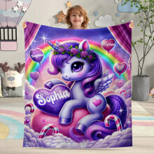 Purple Unicorn Blanket for Girls with Custom Name Embroidery, Soft Baby Shower Gift