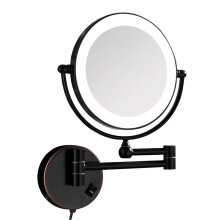 8 Inch Double Sided LED Vanity Mirror, 5X Magnification Brass Wall Mounted Makeup Mirror with Extendable Arm, Black Finish