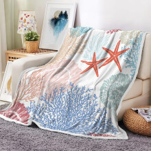Red Fleece Throw Blanket 50x60 Soft Flannel Coastal Ocean Theme with Starfish and Seashell Design