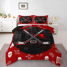 Toddler Bedding Set with Bold Red Black Hockey Design, Lightweight Easy Clean Quilt for Kids Boys
