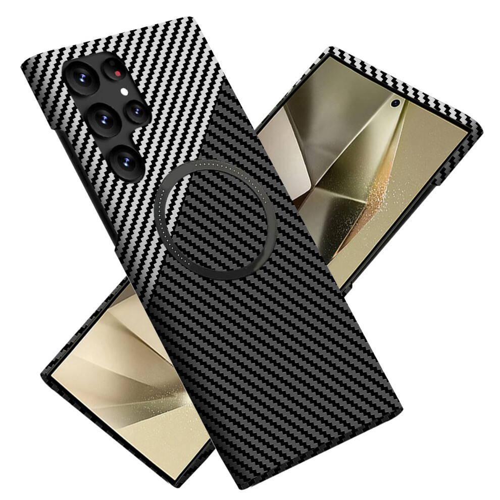Magsafe Compatible Carbon Fiber Aramid Slim Shockproof Protective Cover With Lens Guard For Galaxy S25 Ultra Black/Silver 9073542714156
