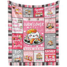 Sushi Throw Blanket 40x50 with Custom Name, Soft Flannel for Kids and Adults, Playful Sushi Pattern
