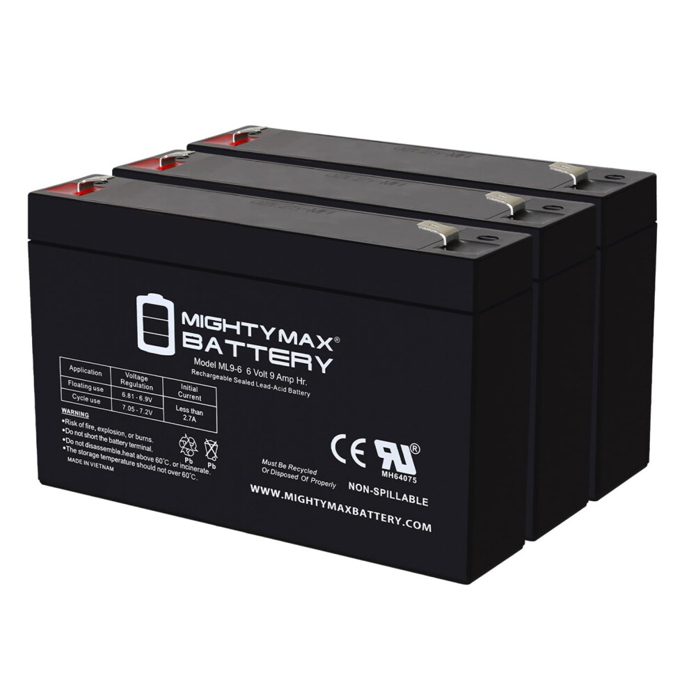 6V 9Ah Sla Battery Pack, Maintenance Agm Rechargeable Backup Power For Alarm And Emergency Lighting, 3 Pack 9330225003106