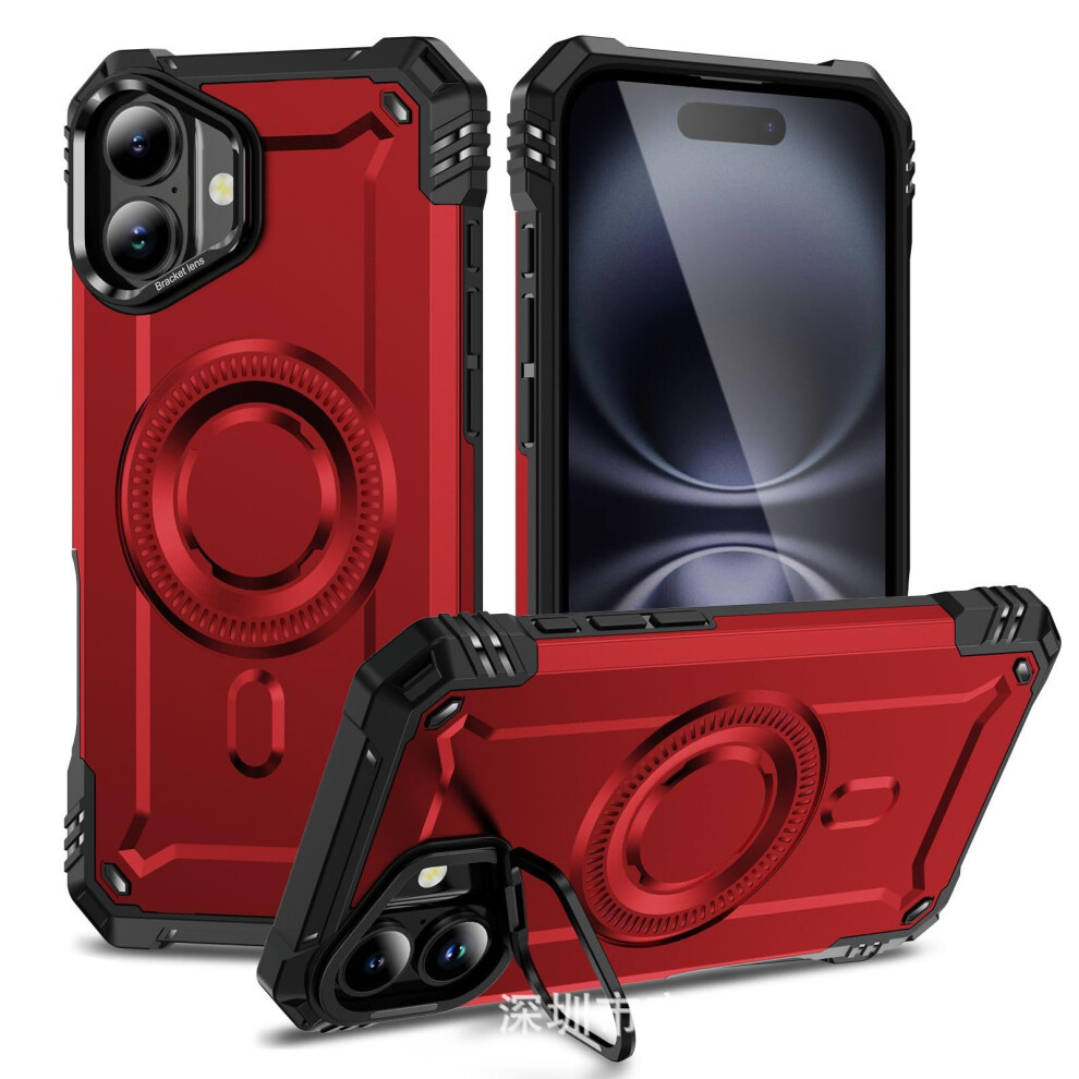Magnetic Shockproof Case With Metal Kickstand And Camera Lens Guard, For Iphone 16 Plus Red 9073542714439