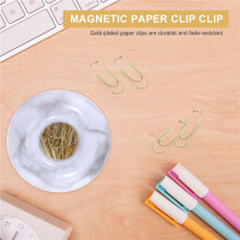 Gold Paper Clips in Elegant Magnetic Marble White Clip Holder, 28mm, 400 Clips