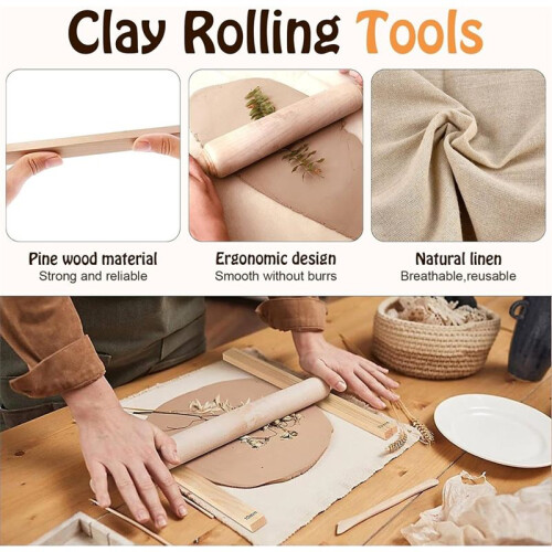 Pottery Tools Wood Rolling Pin, Pottery Tablecloth, Teaching Rolling Mud Stick Guide, for Manual Self Ceramic Making 1