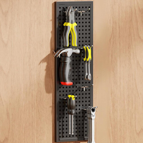 Black Metal Pegboard Panel with Hooks for Garage Tool Storage and Versatile Wall Organization