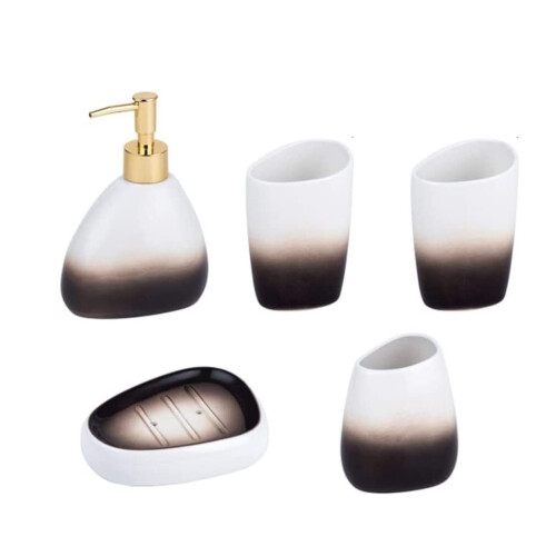 5 Piece Ceramic Bathroom Accessory Set with 450ml Soap Dispenser, Gradient Brown Decor