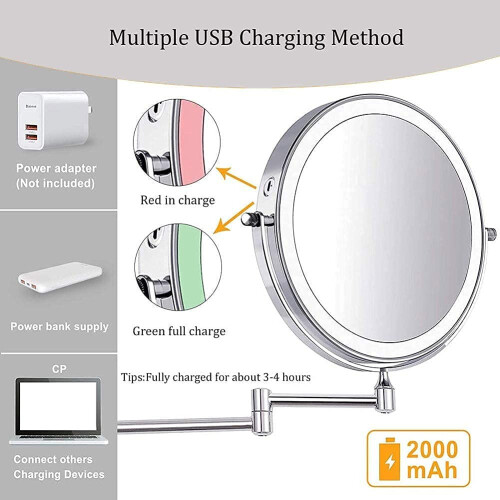8 Inch Wall Mounted Makeup Mirror LED Lighted Vanity Mirror 7X Magnification USB Rechargeable Extendable Arm 2