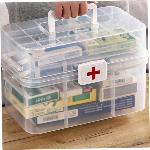 Three Layer Storage Box with Handle, Clear Plastic Folding Organizer for Medicine, Crafts and First Aid 1
