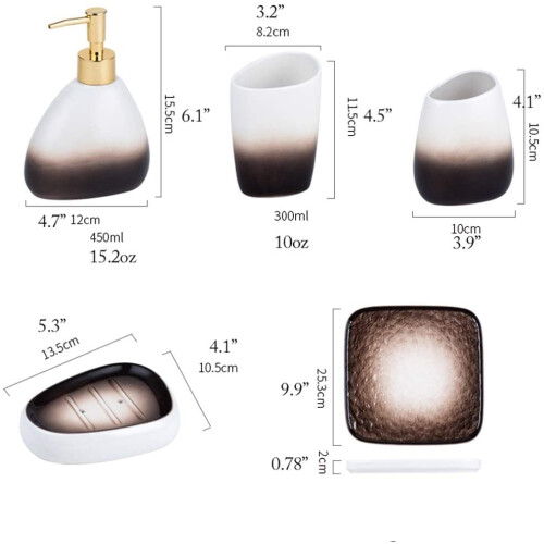 5 Piece Ceramic Bathroom Accessory Set with 450ml Soap Dispenser, Gradient Brown Decor 1