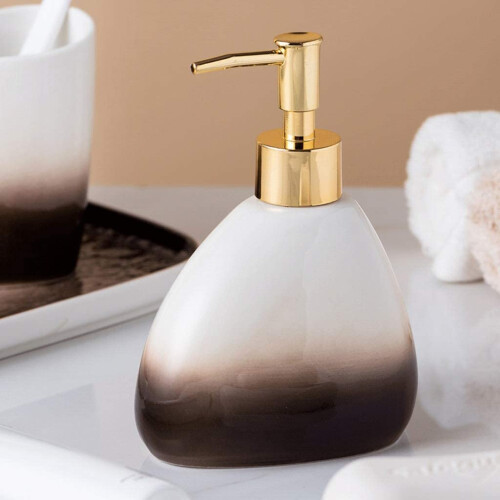 5 Piece Ceramic Bathroom Accessory Set with 450ml Soap Dispenser, Gradient Brown Decor 2