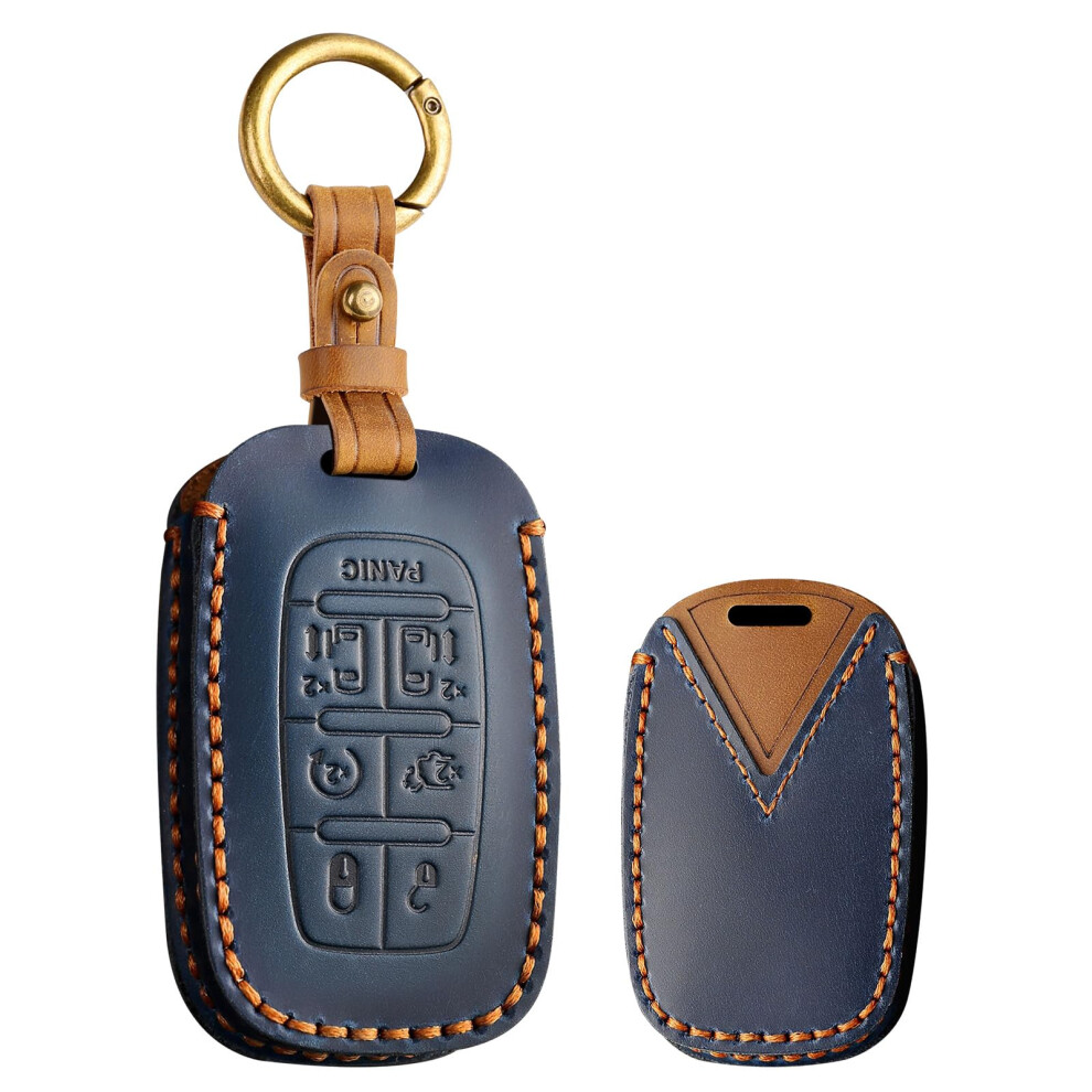 Leather Key Fob Cover For Chrysler Pacifica 20172024 7 Button, Shockproof Durable Crazy Horse Leather Blue 9092120197709