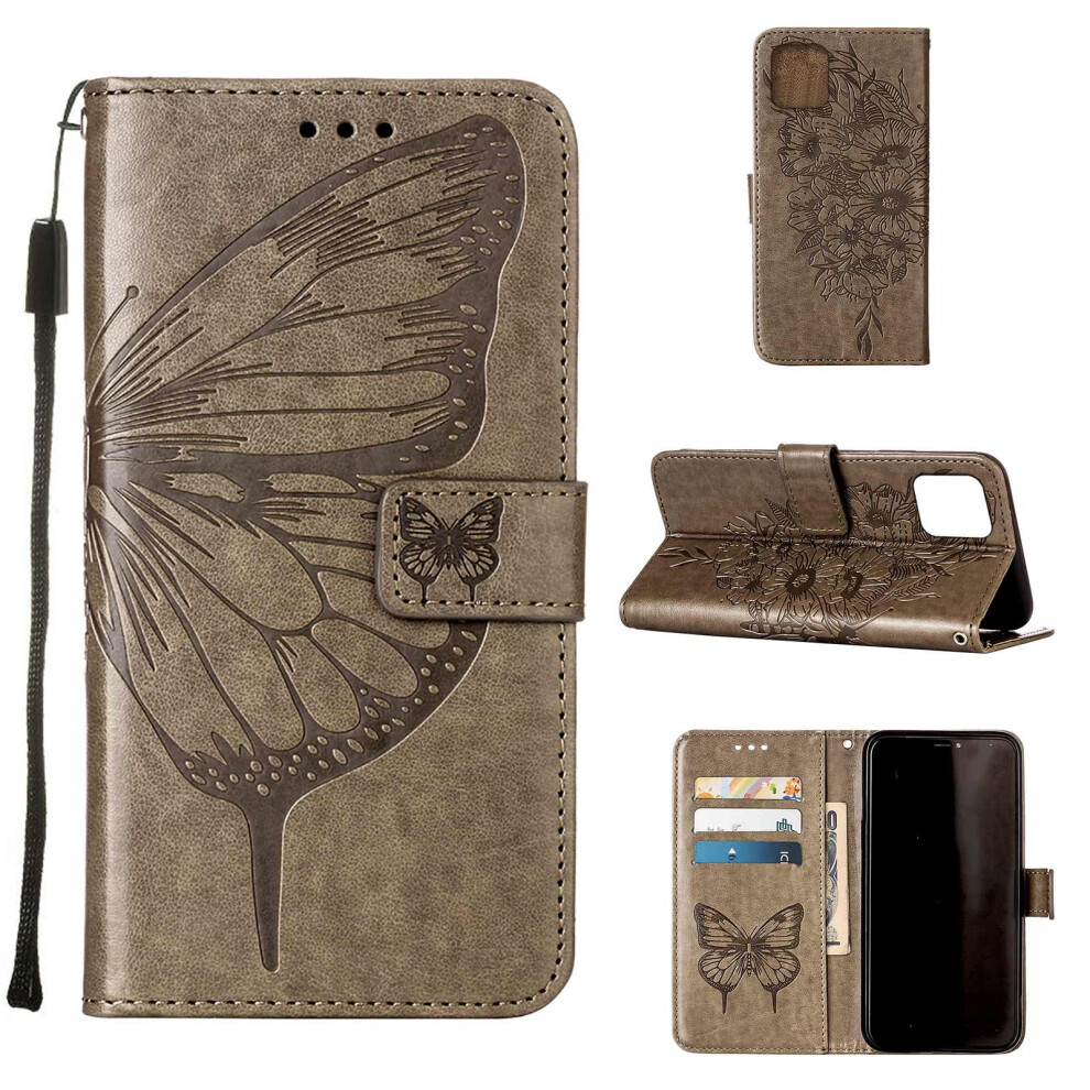 Compatible With Iphone 13 Wallet Case Â Embossed Butterfly Pu Leather Folio With Card Slots, Kickstand & Shockproof Tpu Protection, Gray 9365509571026