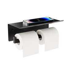 Double Toilet Paper Holder with Shelf, Large Matte Black Wall Mount Tissue Dispenser for Bathroom