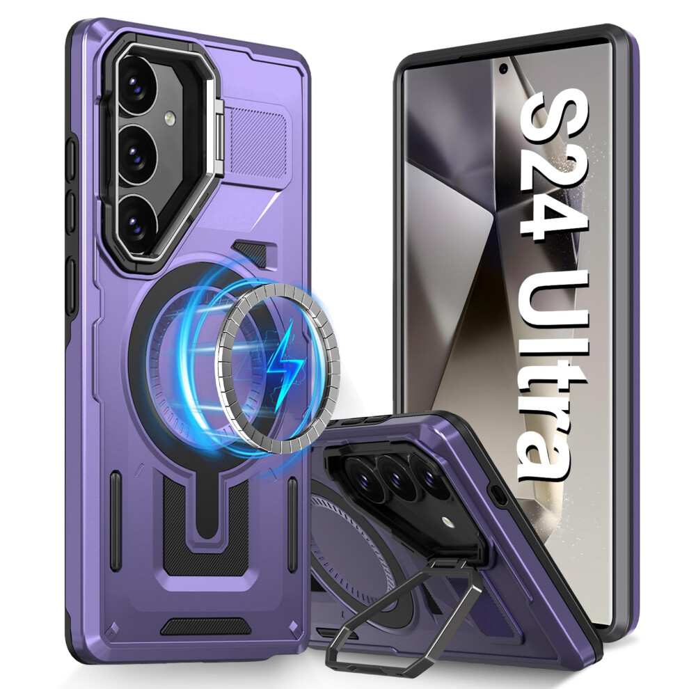 Magsafe Case With Camera Cover Kickstand, Military Grade Shockproof For Samsung Galaxy S24 Ultra Purple 9330225006121